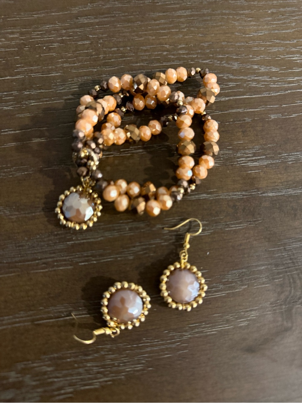Peach and Gold Beaded Bracelet with Matching Earrings Set